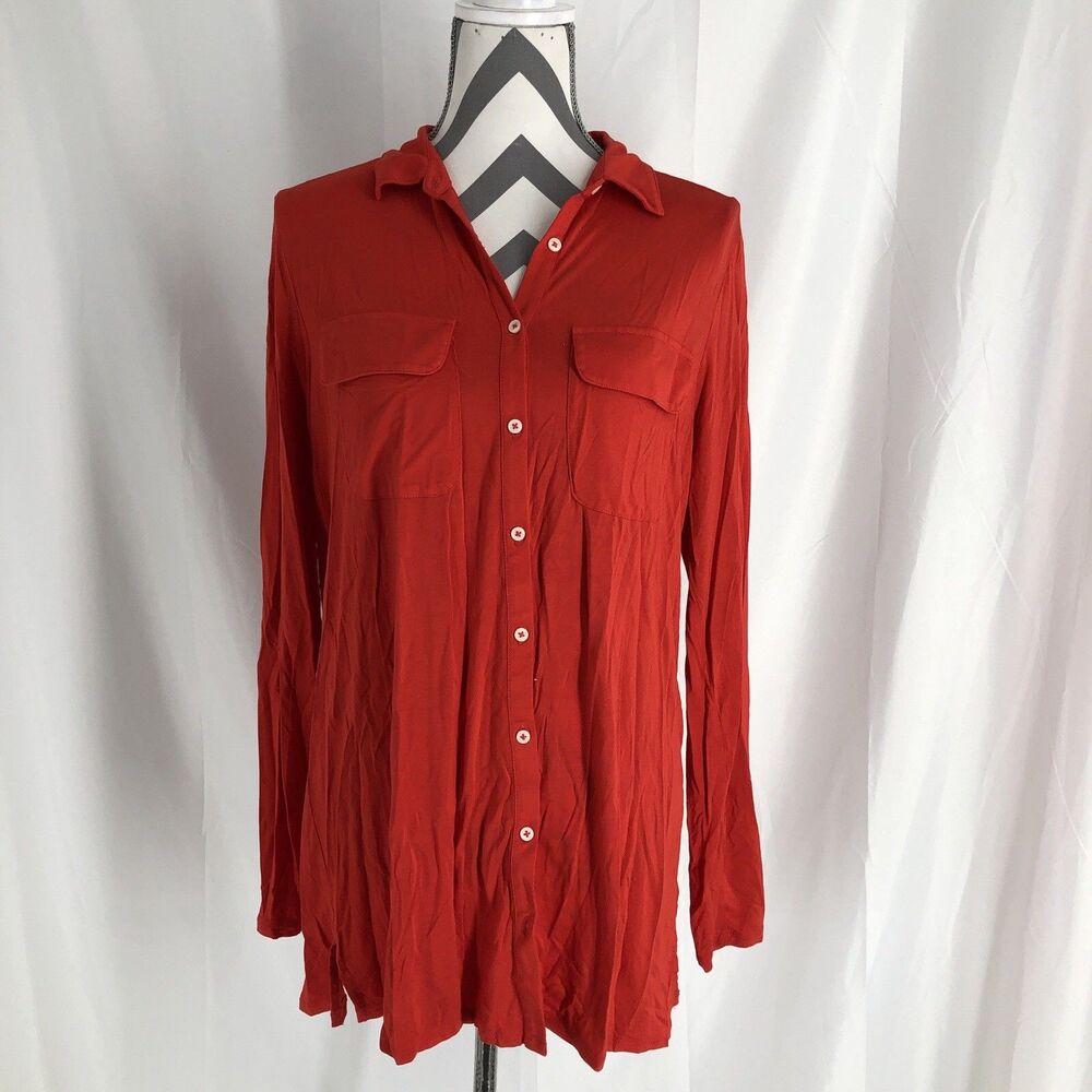 Lands' End Long Sleeve Tee Button With Collar Size Large Red